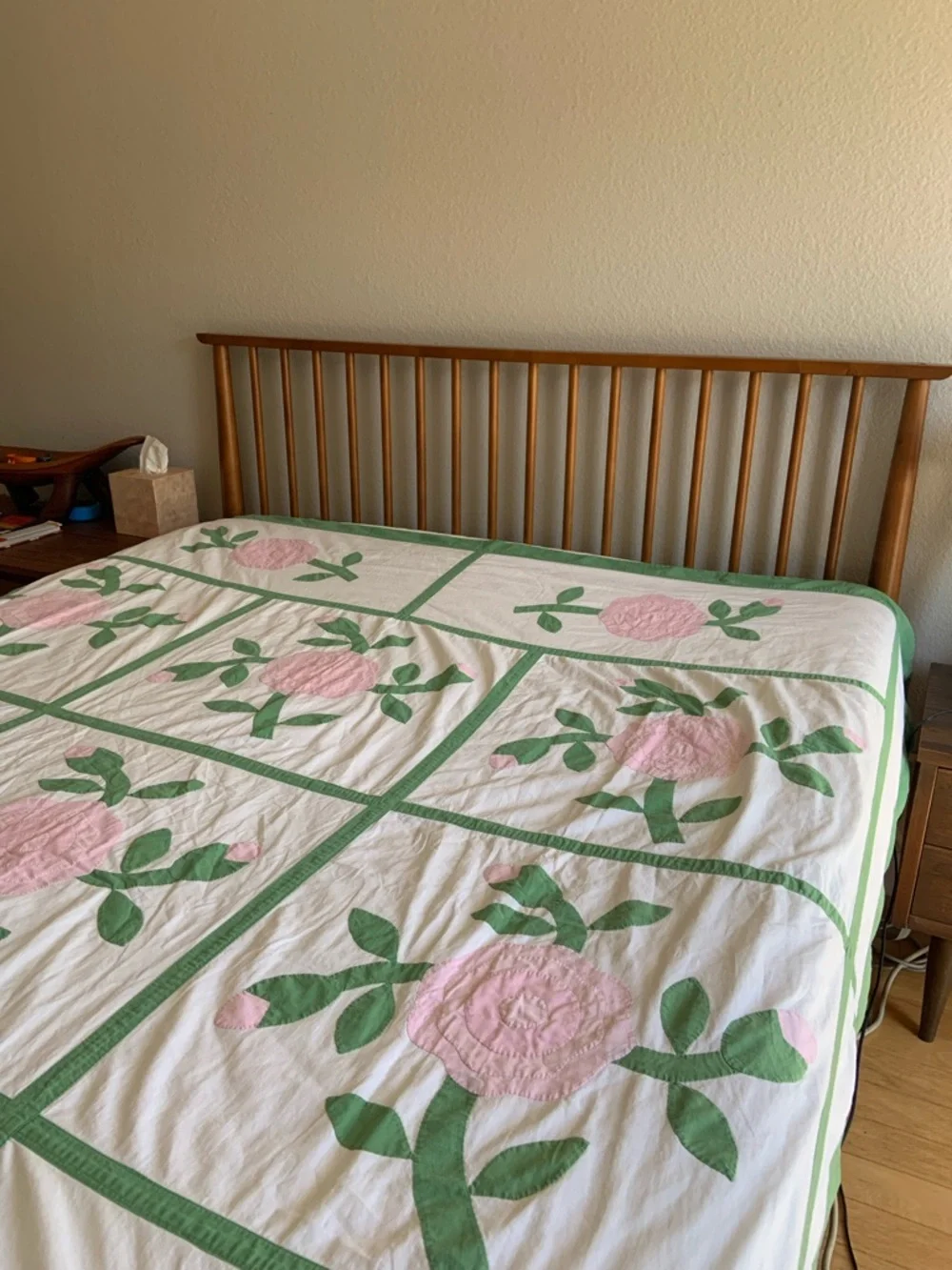 Vintage Floral Patchwork Quilt - Pink and Green Cotton Bedspread